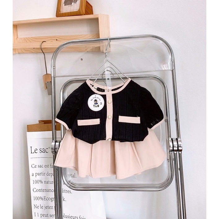 Sét chân váy cho bé, sét váy tiểu thư áo đũi viền mix chân váy xếp ly có lót quần cho bé