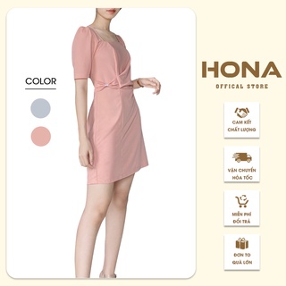 Đầm thiết kế ôm dáng thắt nơ,Đầm chít eo hông tay phồng phối nơ cao cấp HONA211