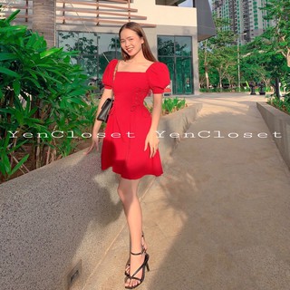 đầm đan eo cổ vuông