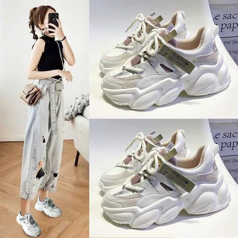 Giày thể thao nữ YSG có 2 màu xám hồng da mềm đế bự độn cao 5cm thời trang ulzzang hàn quốc đẹp giá rẻ hot 2021