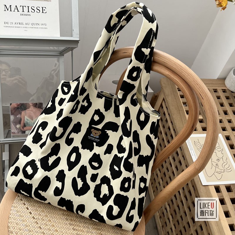 Túi tote đeo vai IELGY vải canvas họa tiết bò sữa/ caro đơn giản sức chứa lớn cho nữ