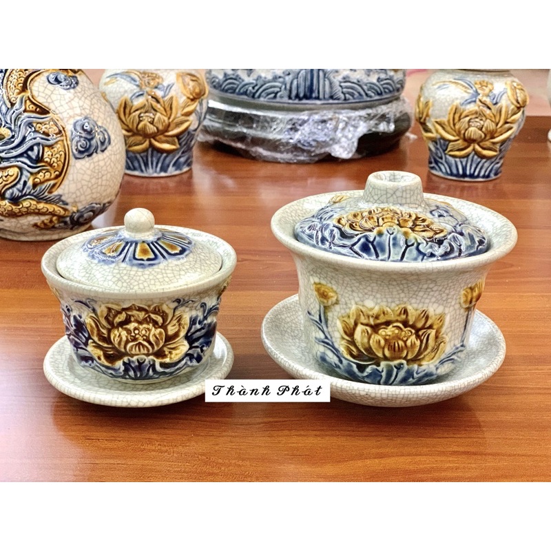Bát Sâm Men Rạn Đắp Nổi Bát Tràng, Bát Sâm Đựng Trà Thờ Cúng/ Đồ Thờ Men Rạn