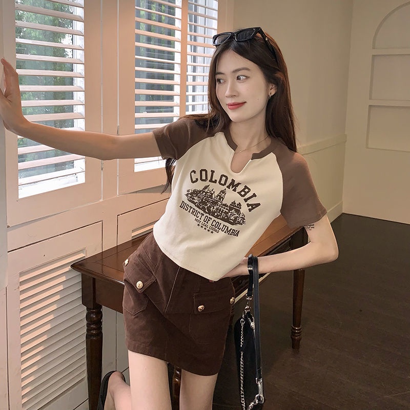 Áo Thun Ngắn Tay Họa Tiết Sọc Caro Phong Cách Retro Mỹ Cho Nữ