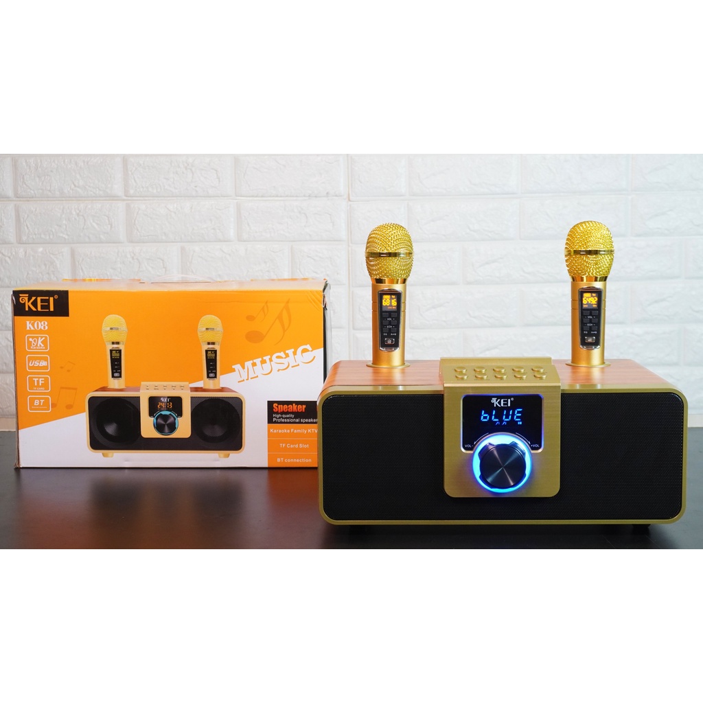 Loa karaoke bluetooth KEI K08-Tặng kèm 2 micro không dây có màn hình LCD-Sạc pin cho mic ngay trên loa-Chỉnh bass treble