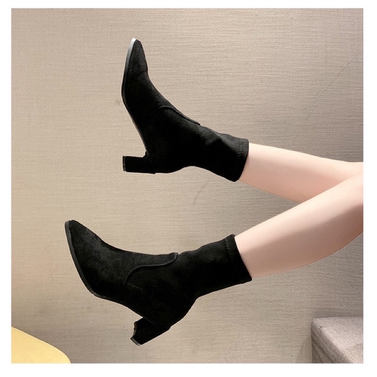 Bốt nữ da lộn cổ ngắn mũi nhọn đế cao 5-7-9cm