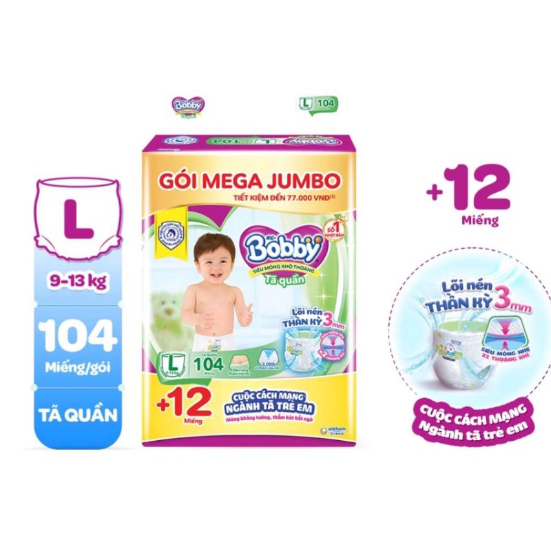 (TẶNG QUÀ)Tả quần Bobby - Đệm thấm lưng mồ hôi Mega Jumbo  size M124/L108/XL96 date 2025