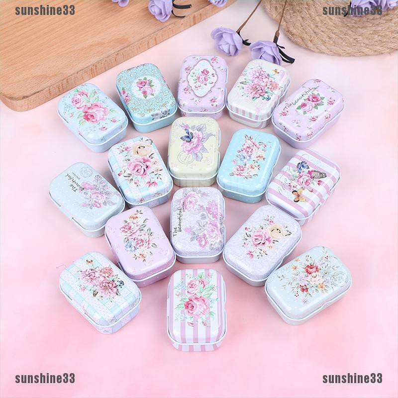 Mini flower tin trinket jewelry coin box tinplate storage case small rectangular