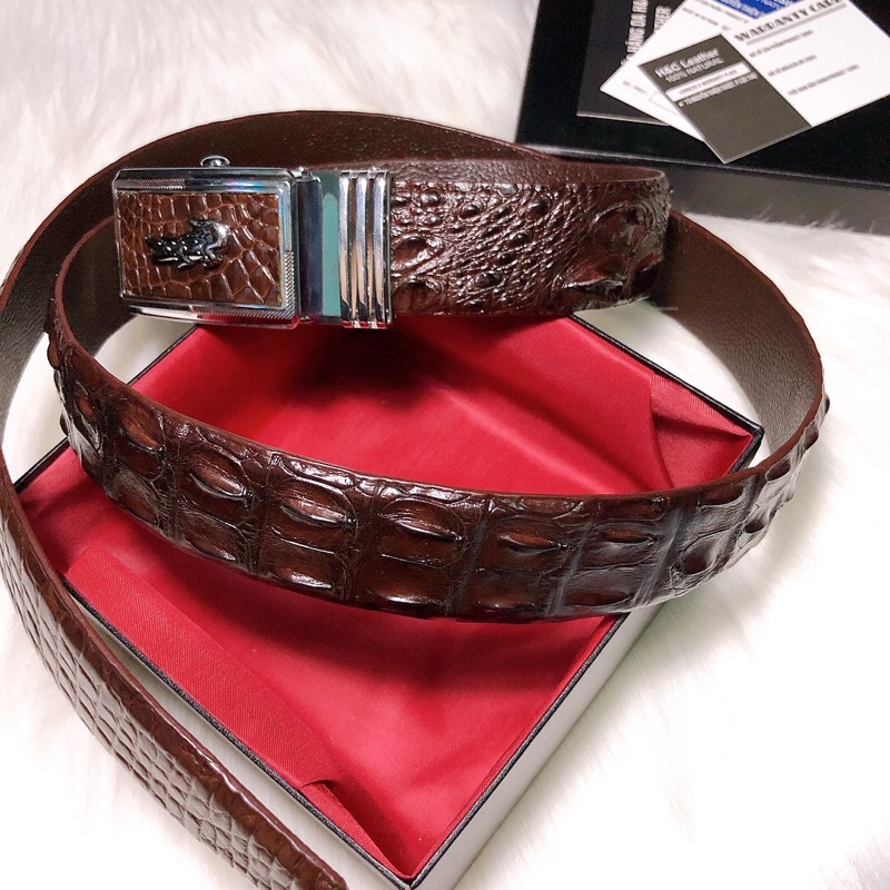 Dây thắt lưng da cá sấu thật 100%, 3.3 cm, màu nâu socola, da lưng cá sấu, đầu nịt tự động