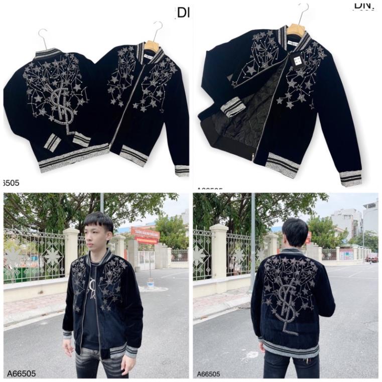 Áo khoác bomber nhung YSL đính đá ngôi sao siêu hot_Áo khoác bomber 2 lớp nhung dầy dặn