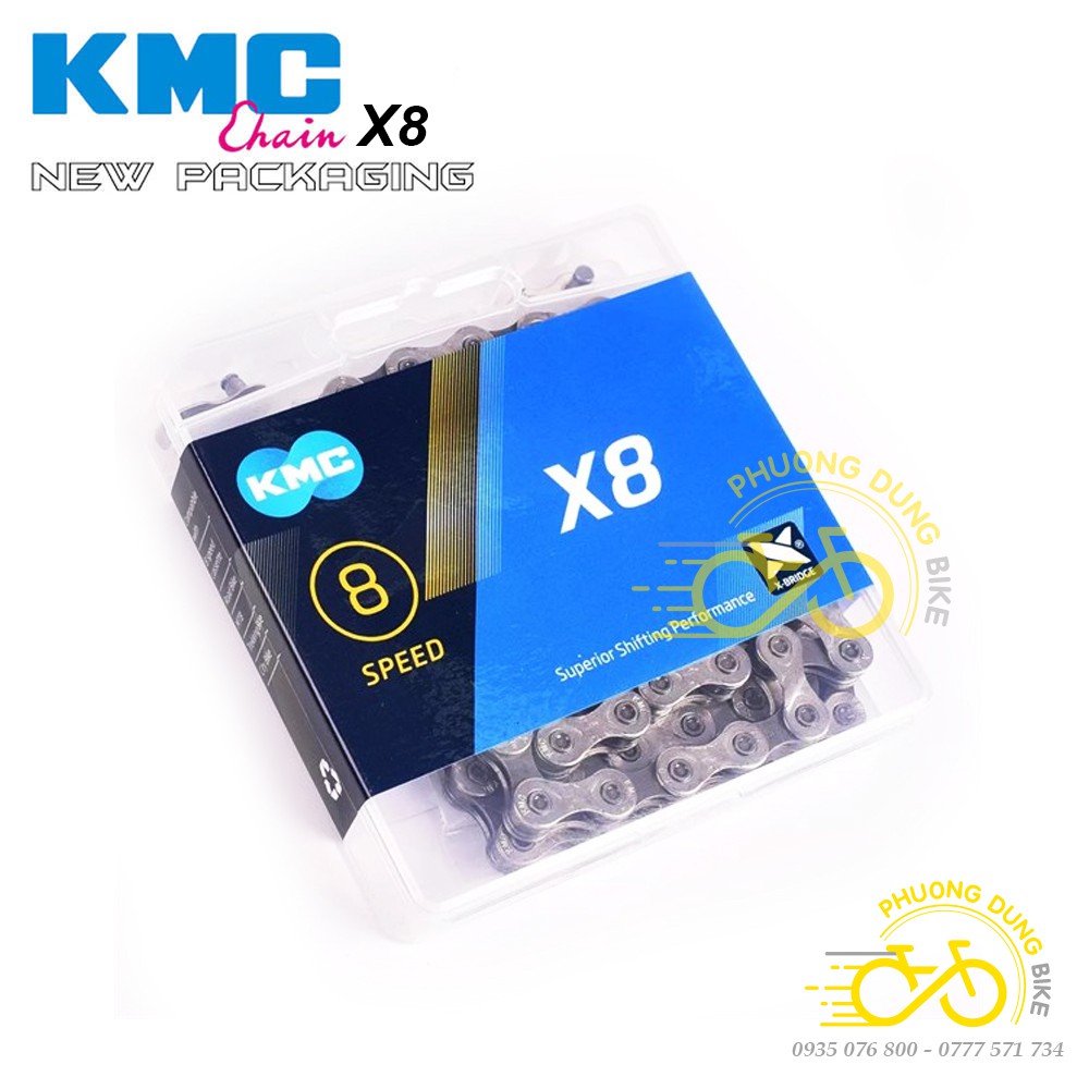 Xích sên xe đạp KMC X8 116L 8 Speed - Fullbox Chính Hãng