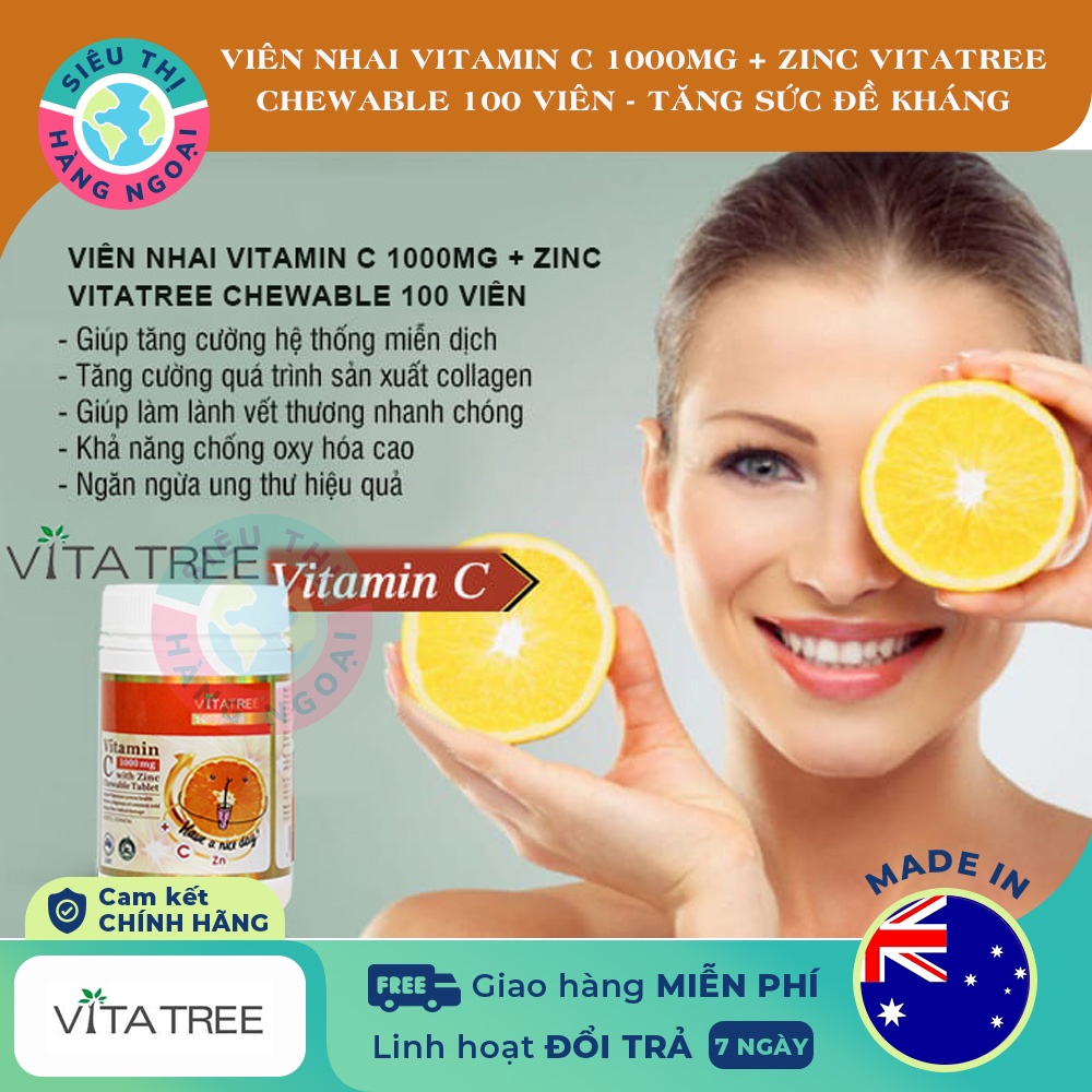 Viên nhai Vitamin C 1000mg with Zinc Chewable Tablet Vitatree Exp2024[Tăng cường hệ thống miễn dịch, sức đề kháng]