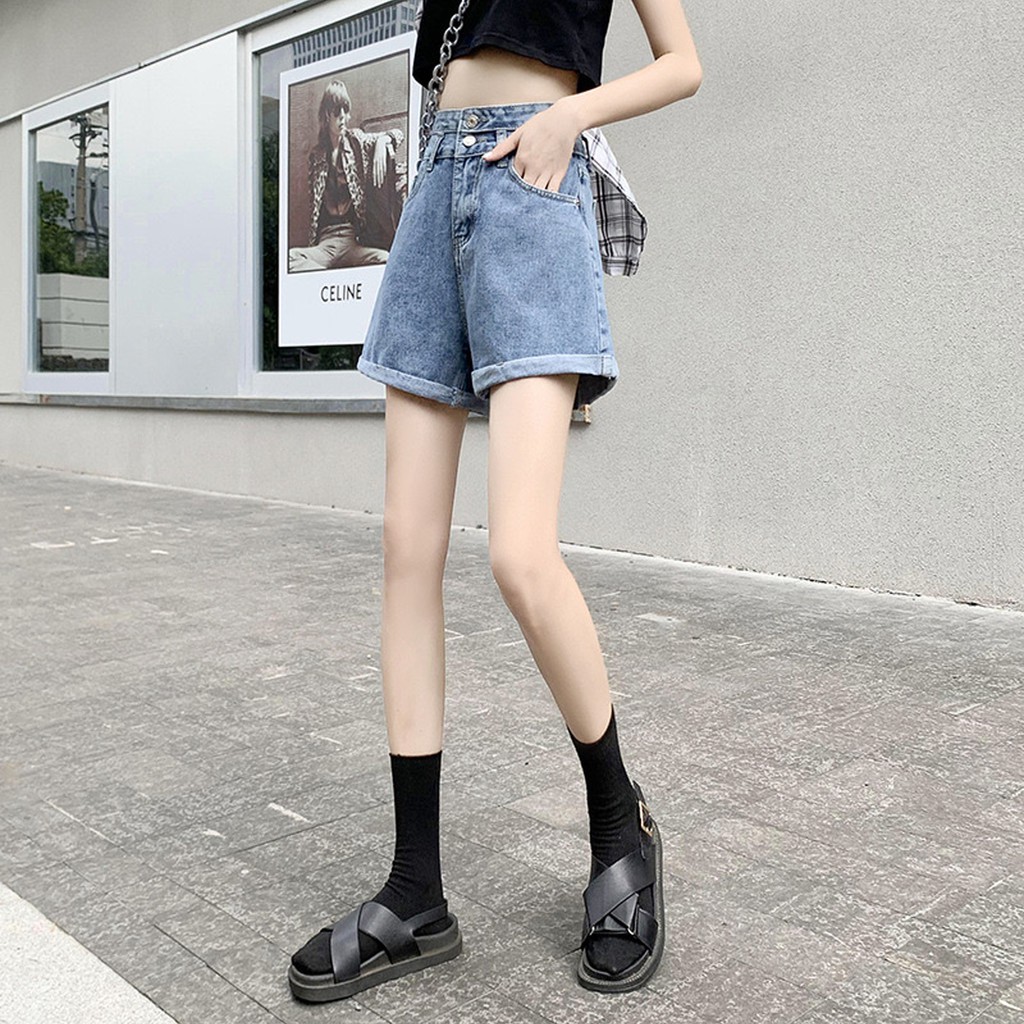 QUẦN SOOC NỮ QUẦN SHORT JEAN CẠP CAO HAIQUANG HAI CÚC MÀU XANH NHẠT -MÃ SHORT 14