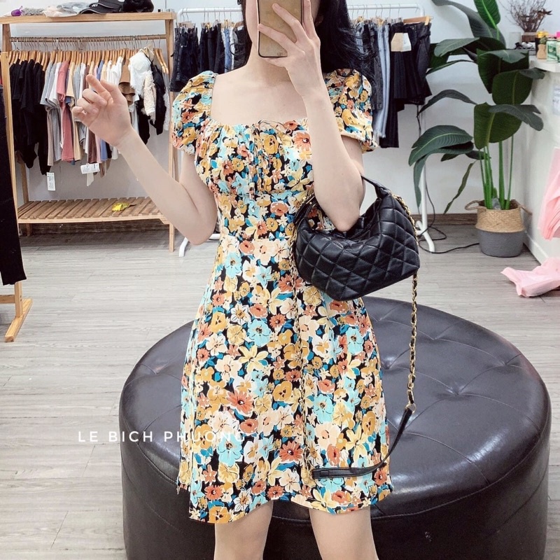 Váy body trễ vai, đầm body trễ vai chít eo thon sexy hoạ tiết hoa nhí