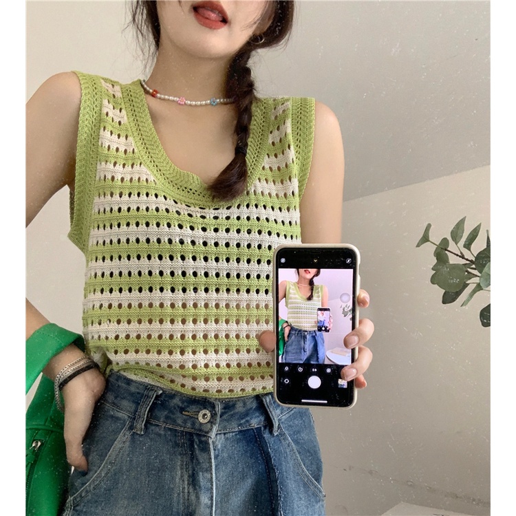 COZOK Áo Len Không Tay Họa Tiết Kẻ Sọc Thời Trang Quyến Rũ Cho Nữ