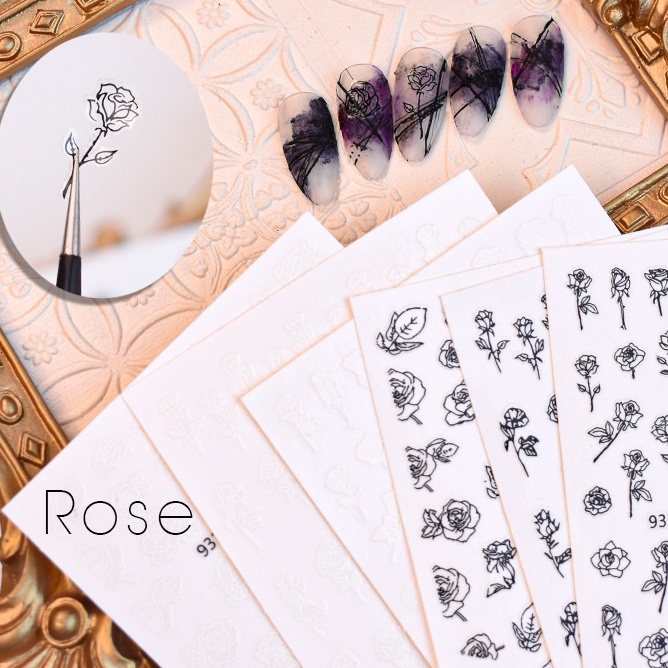 Sticker dán móng hoa hồng hình dán móng tay hoa hồng đen trắng