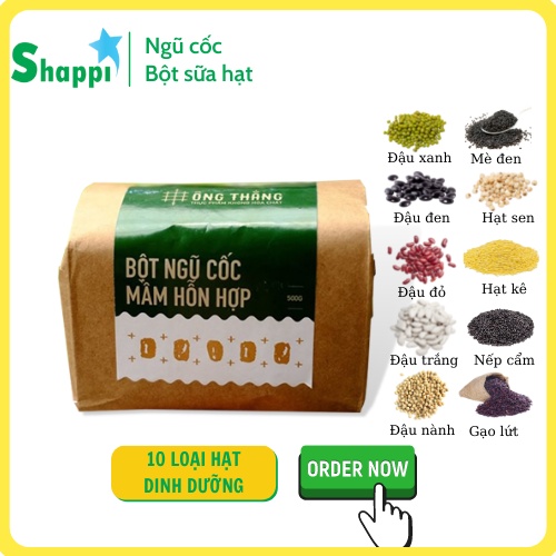 500 gram Bột ngũ cốc mầm dinh dưỡng 10 loại hạt bổ sung protein thực vật, dinh dưỡng, thơm ngon - Vệ sinh ATTP