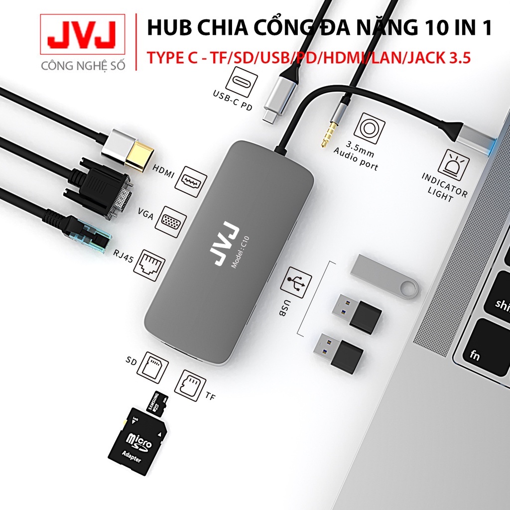 Hub type C USB C10 /C8/C6/C5/C4 JVJ đa năng cổng chuyển đổi chia cổng cho MacBook, Laptop - Bảo hành chính hãng 2 năm