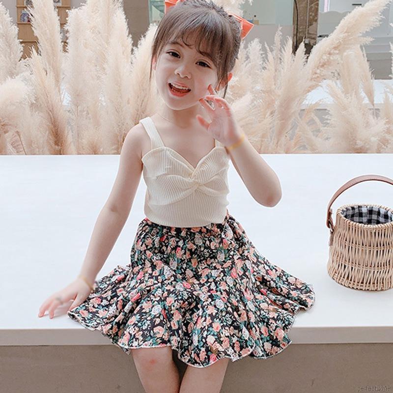 Bộ Áo Camisole Màu Trơn + Chân Váy In Hoa Cho Bé Gái