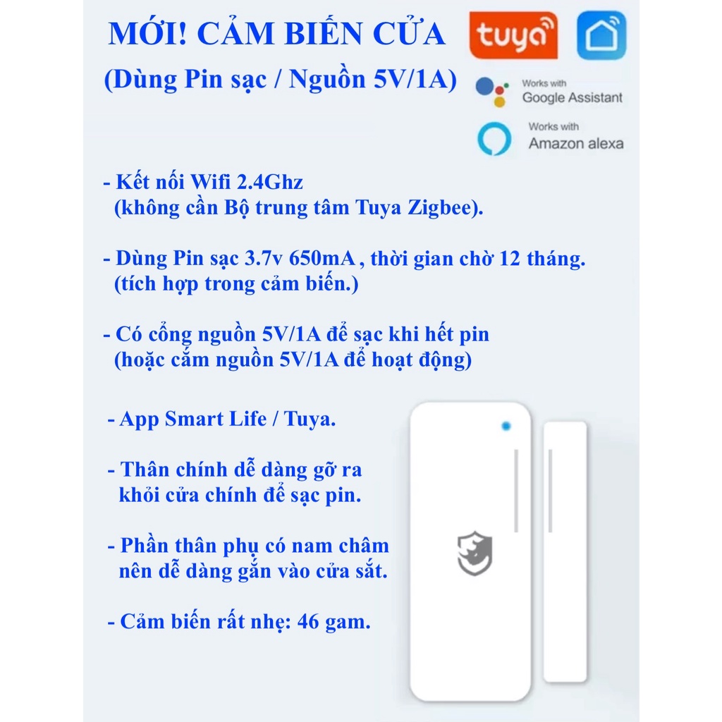 Cảm biến cửa , cảm biến rung thuộc Hệ sinh thái Tuya, kết nối Wifi / Zigbee, App Smart Life/ Tuya -