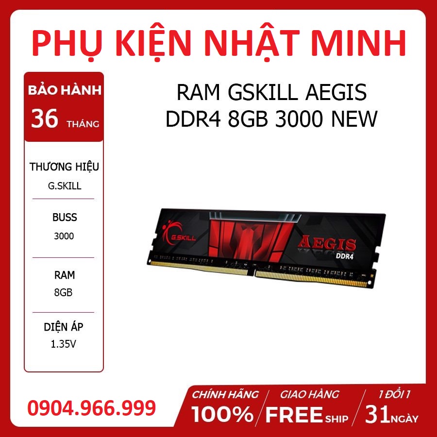 Ram máy tính PC DDR4 Gskill 8G/3000 Tản nhiệt 8GB (1x8GB) DDR4 3000Mhz hàng thương hiệu chính hãng BH 36 tháng