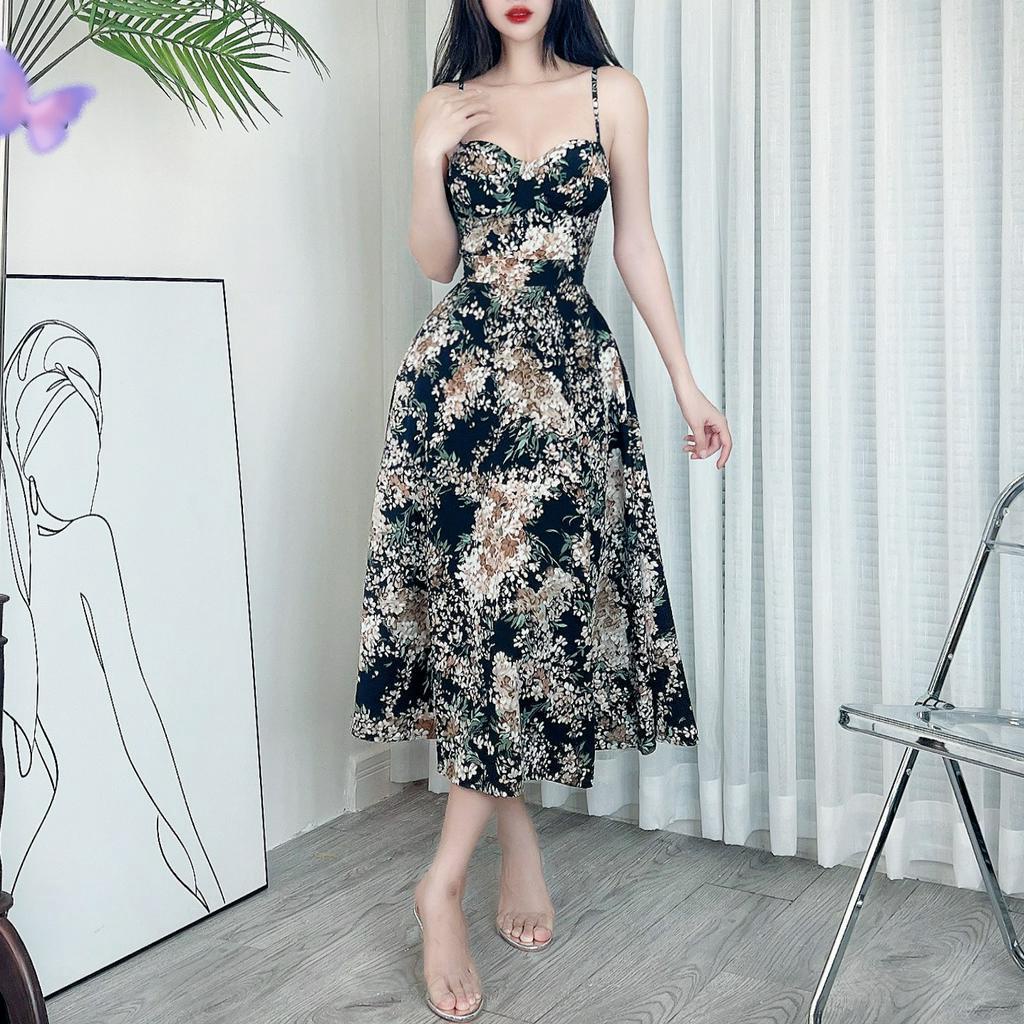 Đầm midi nữ 2 dây cúp ngực hoa MIMIX DA3225