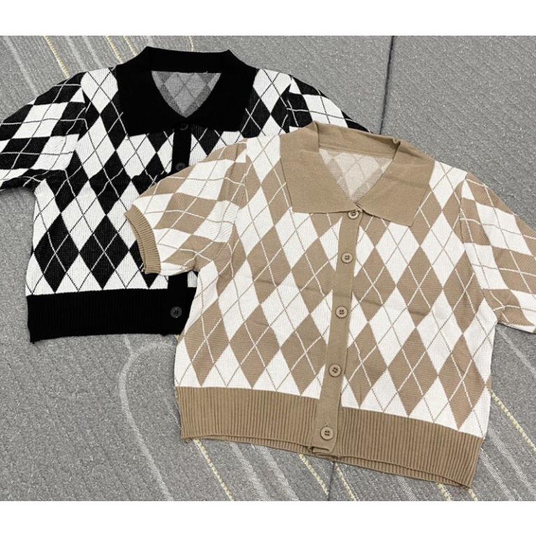 ÁO len croptop, áo polo họa tiết caro quả trám mặc siêu tôn dáng 3t | BigBuy360 - bigbuy360.vn