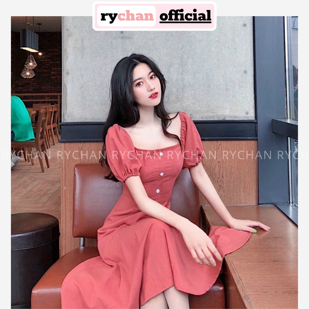 Đầm Xòe Midi Hồng Bẹt Vai Tay Phồng Bo Chun  - DX0088