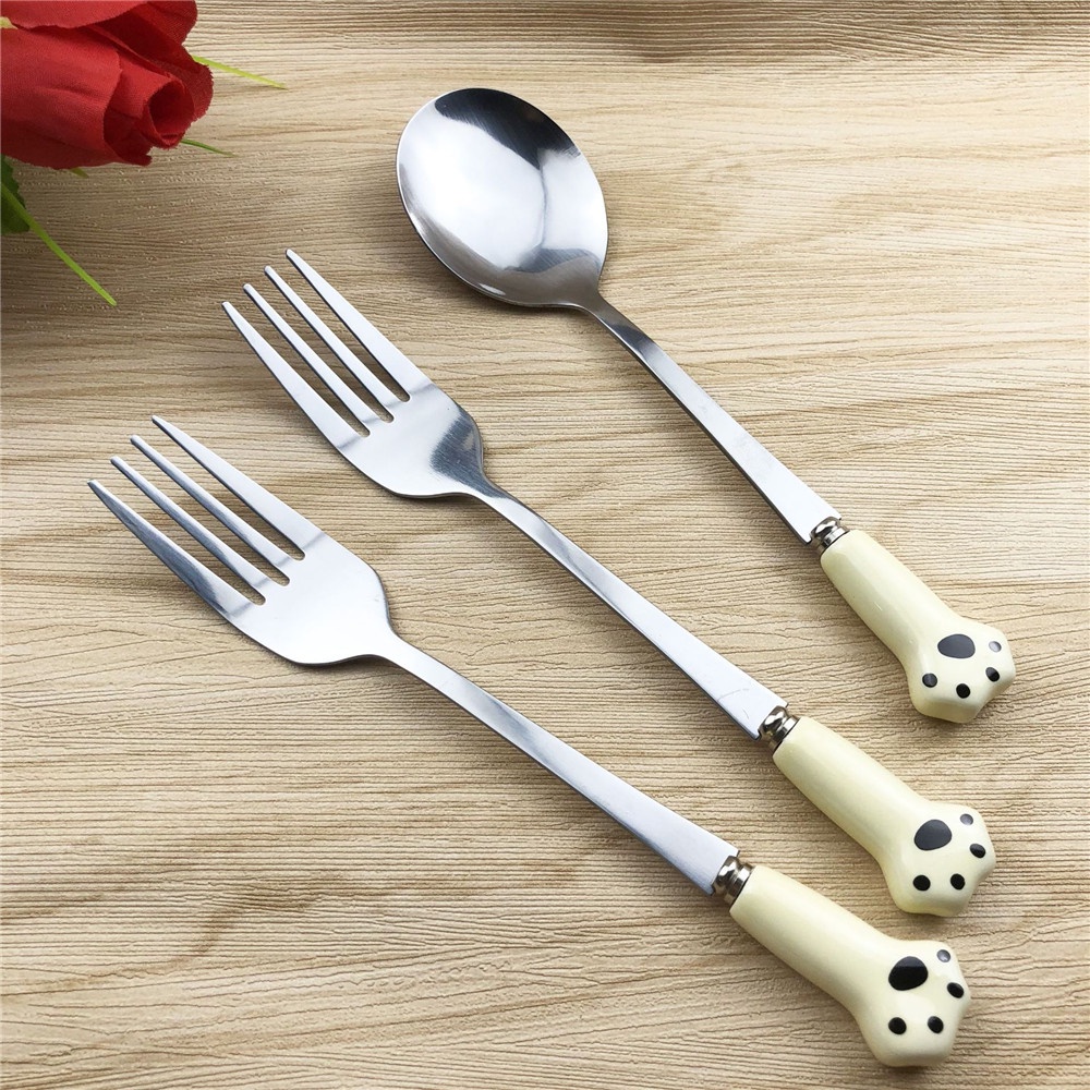 Muỗng cà phê/ nĩa trái cây bằng thép không gỉ kiểu dấu chân mèo dễ thương