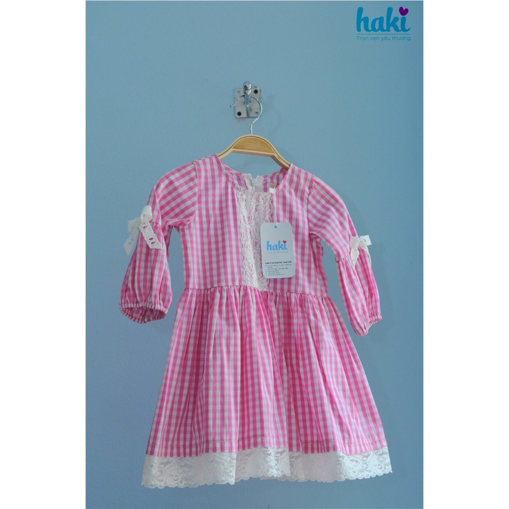 Váy bé gái - thô kẻ phối ren tay phồng - hồng -Haki