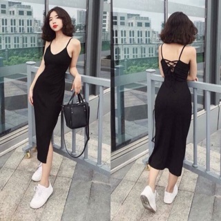 Váy 2 dây body cổ tim đan lưng xẻ đùi váy body sang chảnh Annastore