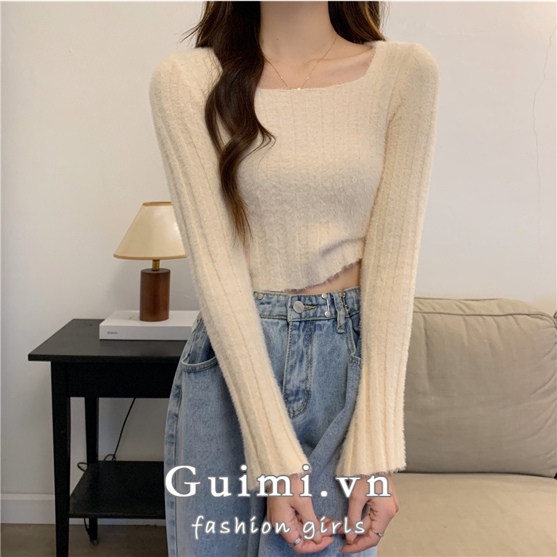 Áo sweater Dệt Kim Tay Dài Cổ Vuông Phong Cách Hàn Quốc Thời Trang Thu Đông Xinh Xắn Cho Nữ