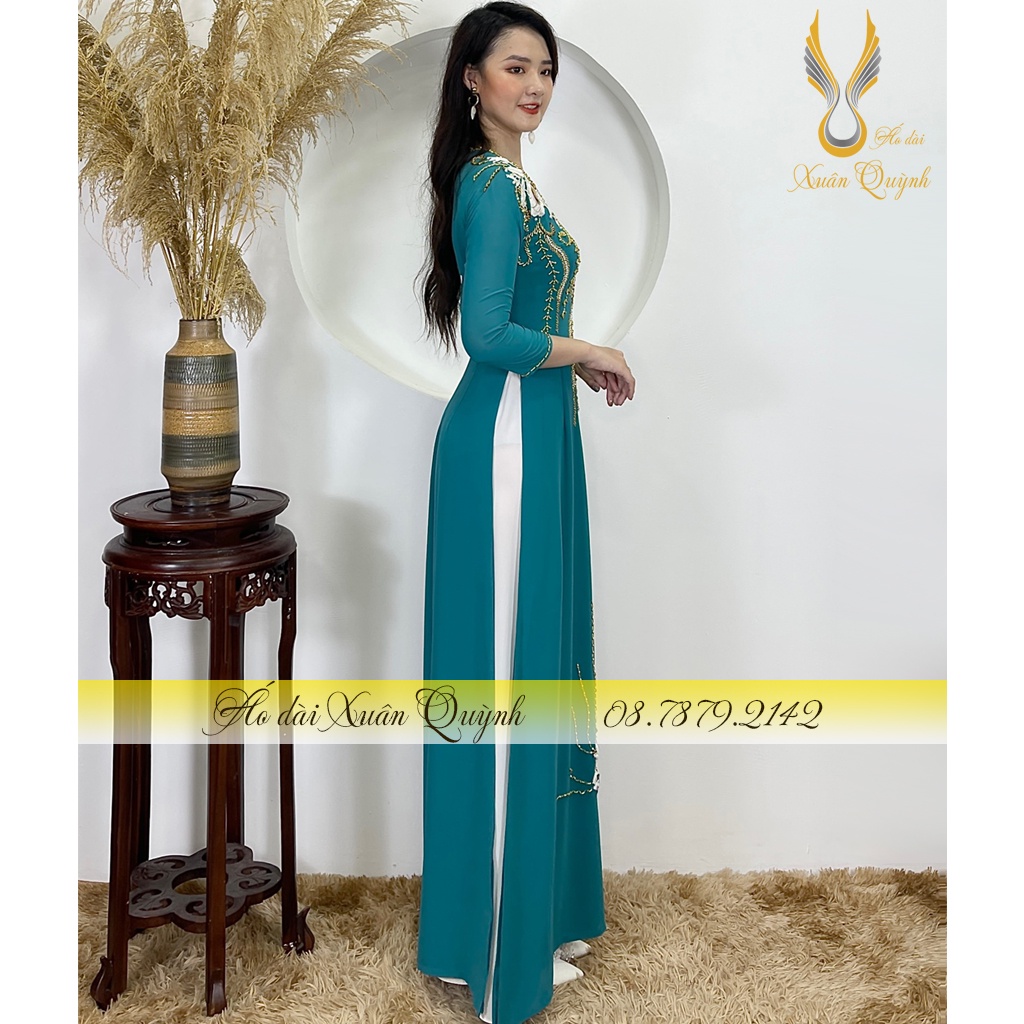Áo Dài Sui Gia Đám Cưới Đám Hỏi, Hoa Thêu Đính Kết Thủ Công 4 Tà M02 Xanh Thiên Lý - Áo Dài Xuân Quỳnh