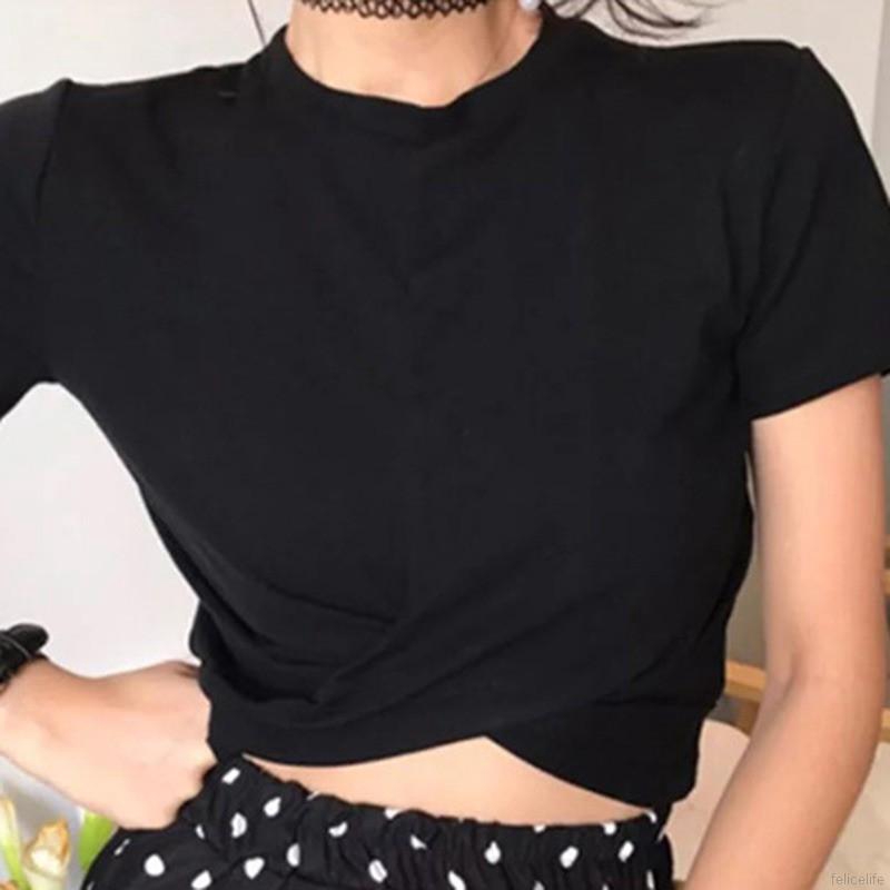 Áo Croptop tay ngắn cổ tròn thiết kế màu trơn thanh lịch