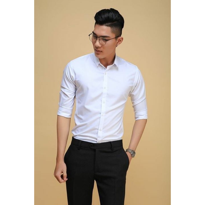 Áo Sơ Mi Nam trắng dài tay Hàn Quốc form body, vải lụa Thái chống nhăn