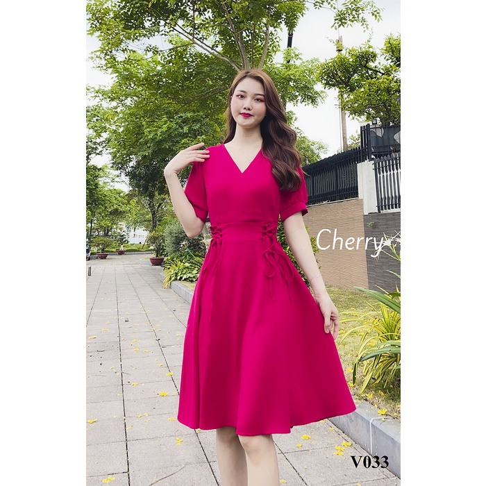 Đầm nữ công sở thiết kế chân váy dáng xòe Cherry váy nữ cổ tim ngắn tay thiết kế buộc eo đẹp đơn giản Cherry  V033