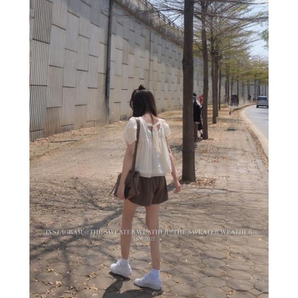 Set Bộ Đùi Short Baby Doll Phong Cách Tiểu Thơ Ulzzang Hàn Quốc- Set Áo Nơ Quần Short Hot