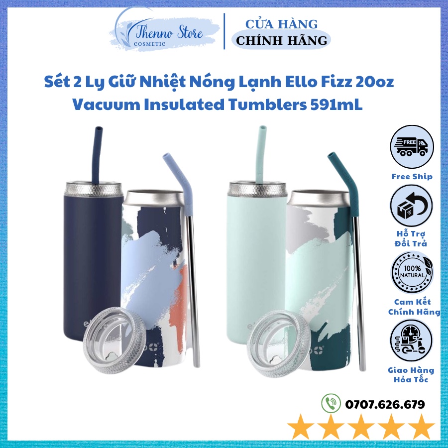 Sét 2 Ly Giữ Nhiệt Nóng Lạnh Ello Fizz 20oz Vacuum Insulated Tumblers 591mL - Chính Hãng Mỹ