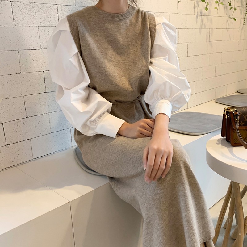 Đầm nữ tay dài cổ tròn phong cách thời trang Hàn Quốc