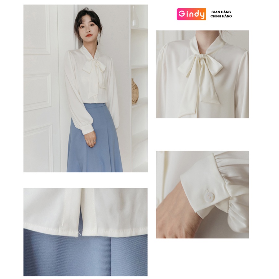 Áo sơ mi nữ lụa ngọc trai GINDY cổ thắt nơ tay dài dáng basic sang chảnh thời trang xuân hè, công sở A10112