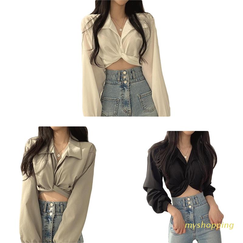 Áo Thun Croptop Tay Dài Màu Trơn Thắt Nơ Sau Lưng Dễ Thương Cho Nữ