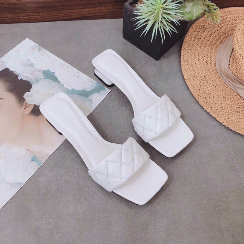 Dép guốc nữ quai bản chần chỉ gót vuông 4p nhẹ nhàng thanh lịch