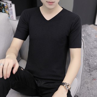 Áo Len Tay Ngắn Cổ Chữ V Thiết Kế Đơn Giản Trẻ Trung Cho Nam