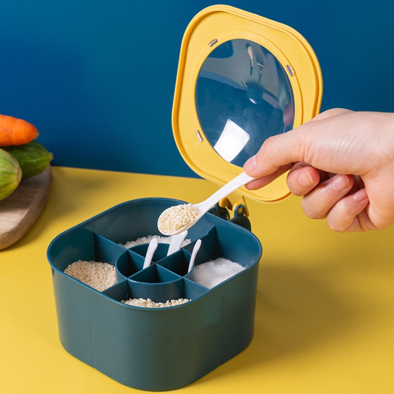 Hộp Đựng Gia Vị 4 Ngăn Bằng Nhựa Có Nắp Trong Suốt Và Muỗng Cho Nhà Bếp