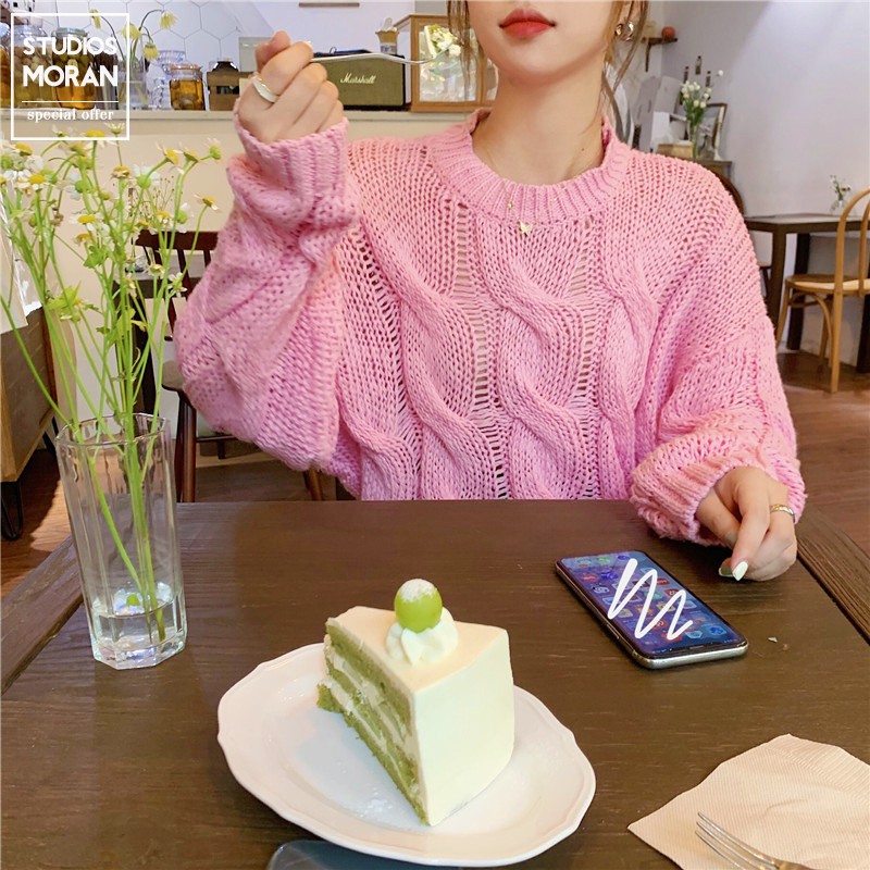KÈM ẢNH THẬT- (ORDER) Áo len đan vặn thừng MORAN form thụng màu hồng ngọt ngào mùa đông Hàn Quốc