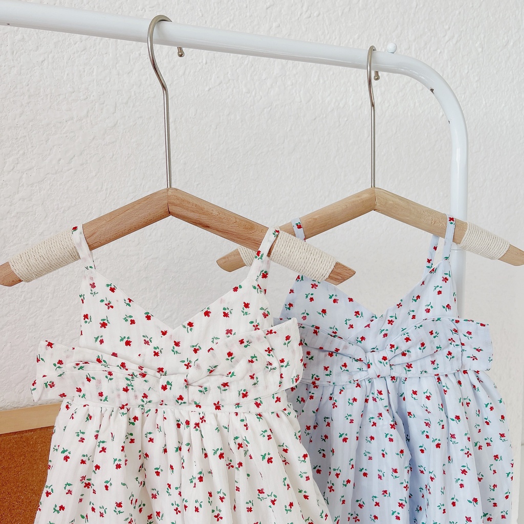 Váy hè hai dây hoa nhí, nơ ngực chất thô boi mỏng mát cho bé giá 1-6 tuổi ( Mã 083)