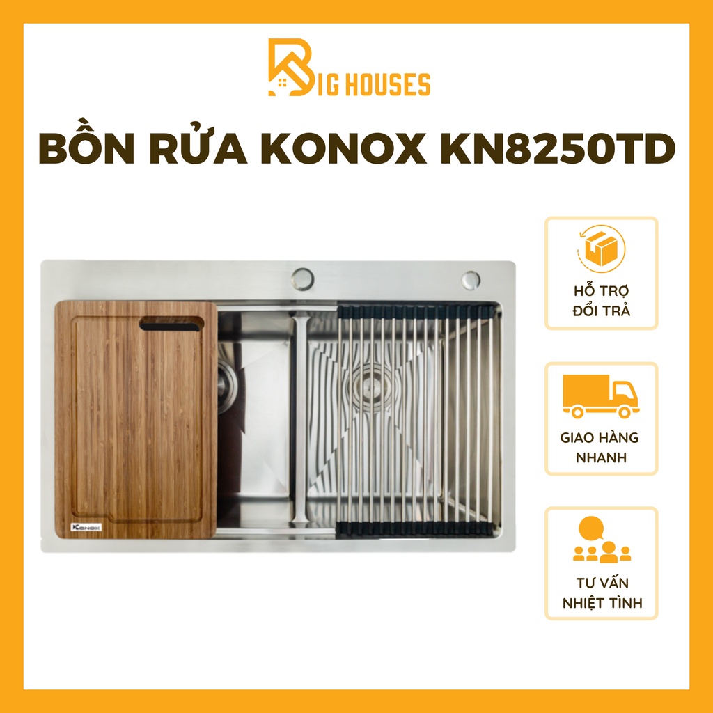 {HÀNG CHÍNH HÃNG CAO CẤP}Bồn Rửa Chén Konox KN8250TD Chậu Rửa Bát 2 Hố Thiết Kế Hạ Bậc CÓ THỢ LẮP ĐẶ