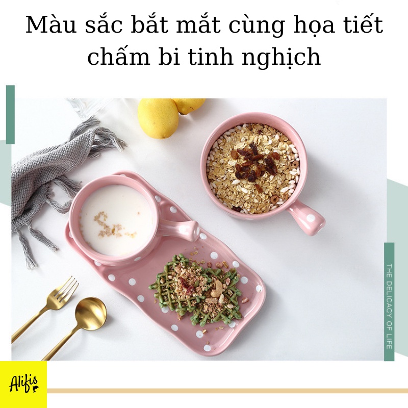 Thố sứ có tay cầm, thố tròn cao cấp và khay hình chữ nhật họa tiết chấm bi - đồ dùng nhà bếp thông minh