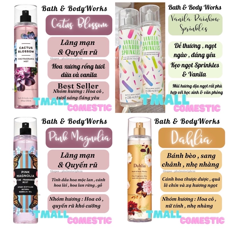 [Mã COSXANH100 giảm 10% đơn 250K] Xịt thơm toàn thân body mist Bath And Body Works 236ML Tmall Cosmetic | BigBuy360 - bigbuy360.vn