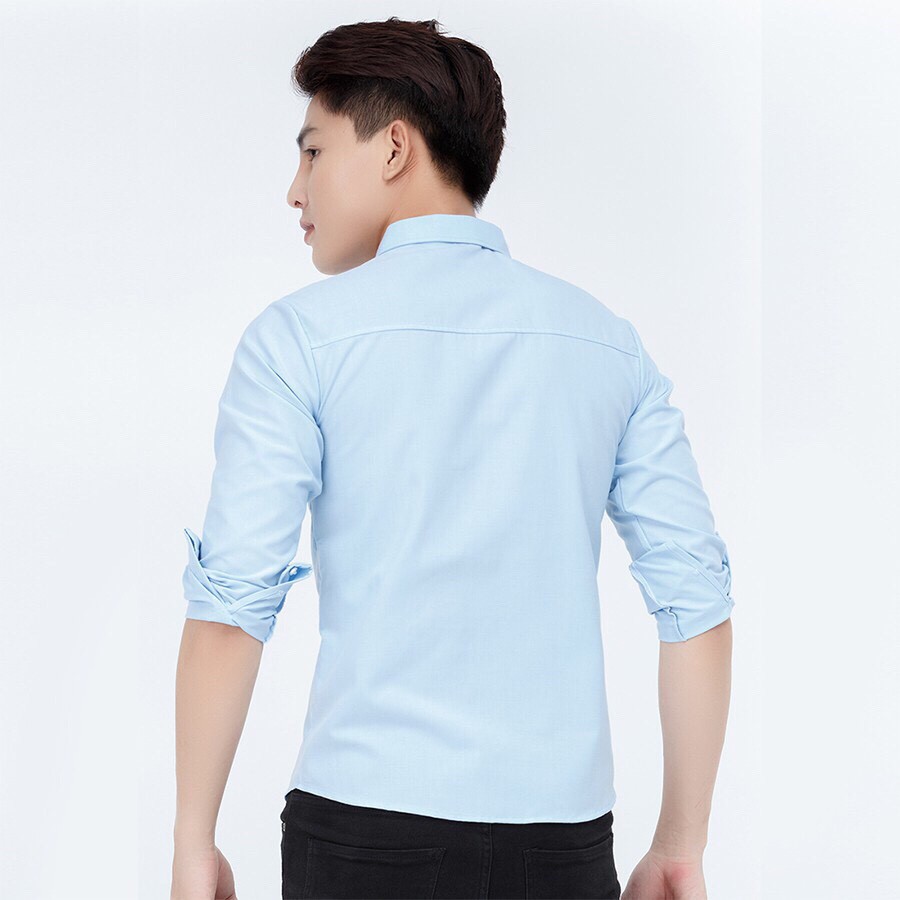 Sơ mi nam hàn quốc trơn xanh nhạt dài tay dáng slimfit chống nhăn | BigBuy360 - bigbuy360.vn