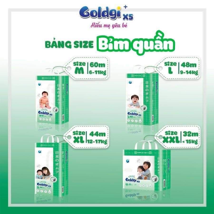 Bỉm Goldgi+ X5 Nhật Dán/Quần Đủ Size NB92/S84/M66/M60/L56/L48/XL44/XXL32 | Minizon Kids